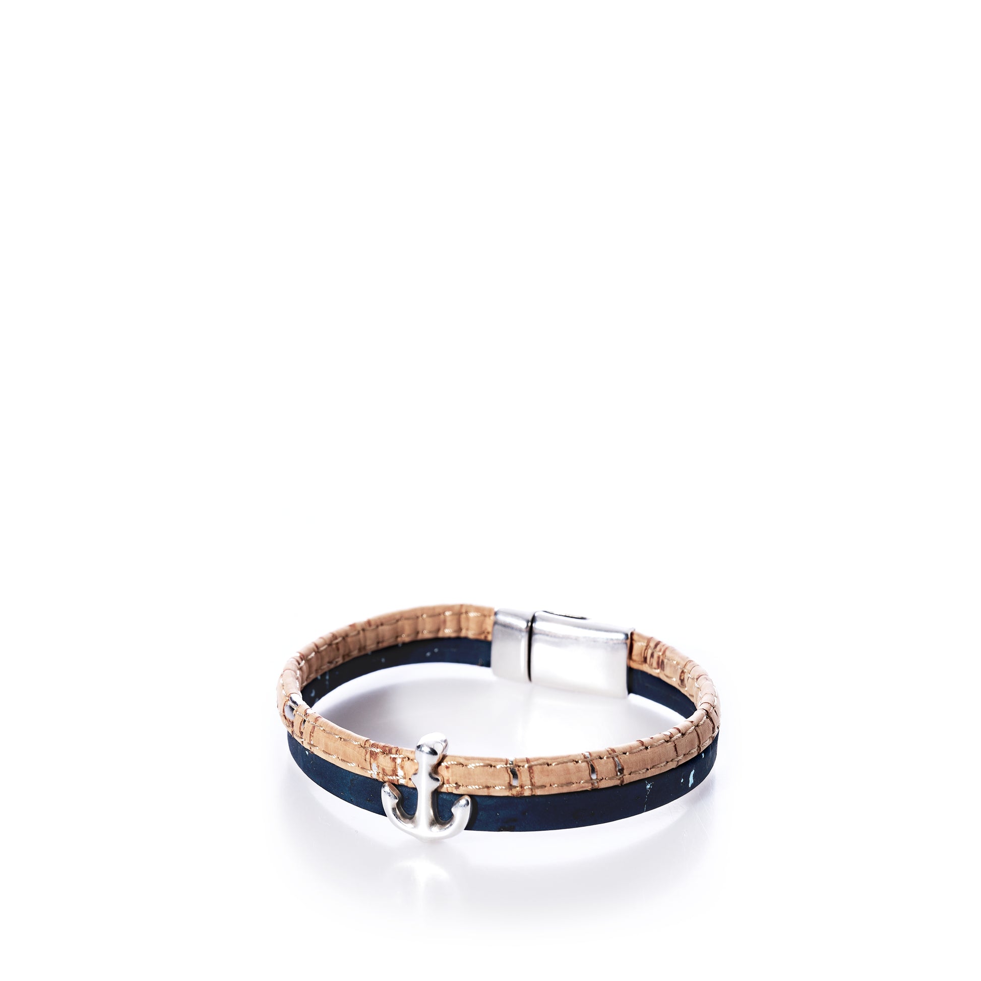 cork bracelet with silver accents and magnetic clasp elisabetta anchor navy
