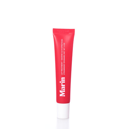 A squeeze tube of Marin Lip Treatment - Strawberry Rhubarb with a red cap and body, labeled “Marin Lip Treatment + Marine Glycoproteins | Net Wt .5 oz.”