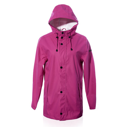 Harborside Waterproof Raincoat - Fuchsia by Batela USA Inc features black buttons and drawstrings, shown on a plain white background.