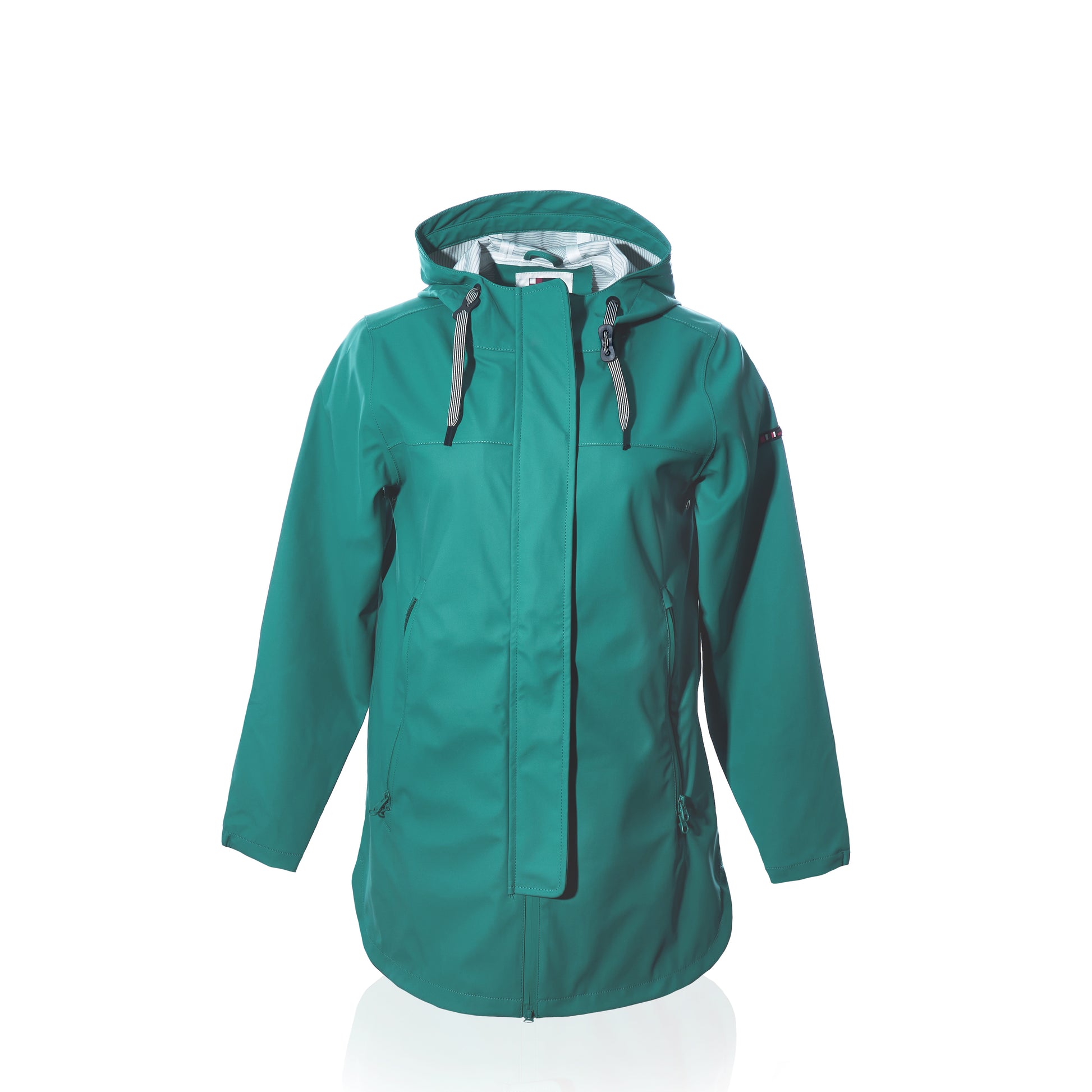 teal raincoat zipped up from the front