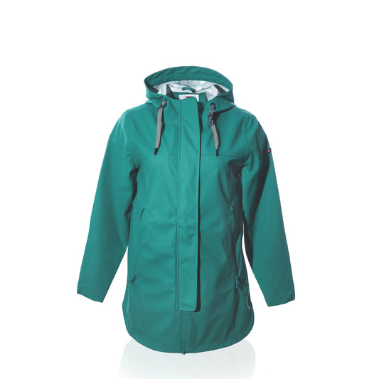 teal raincoat zipped up from the front