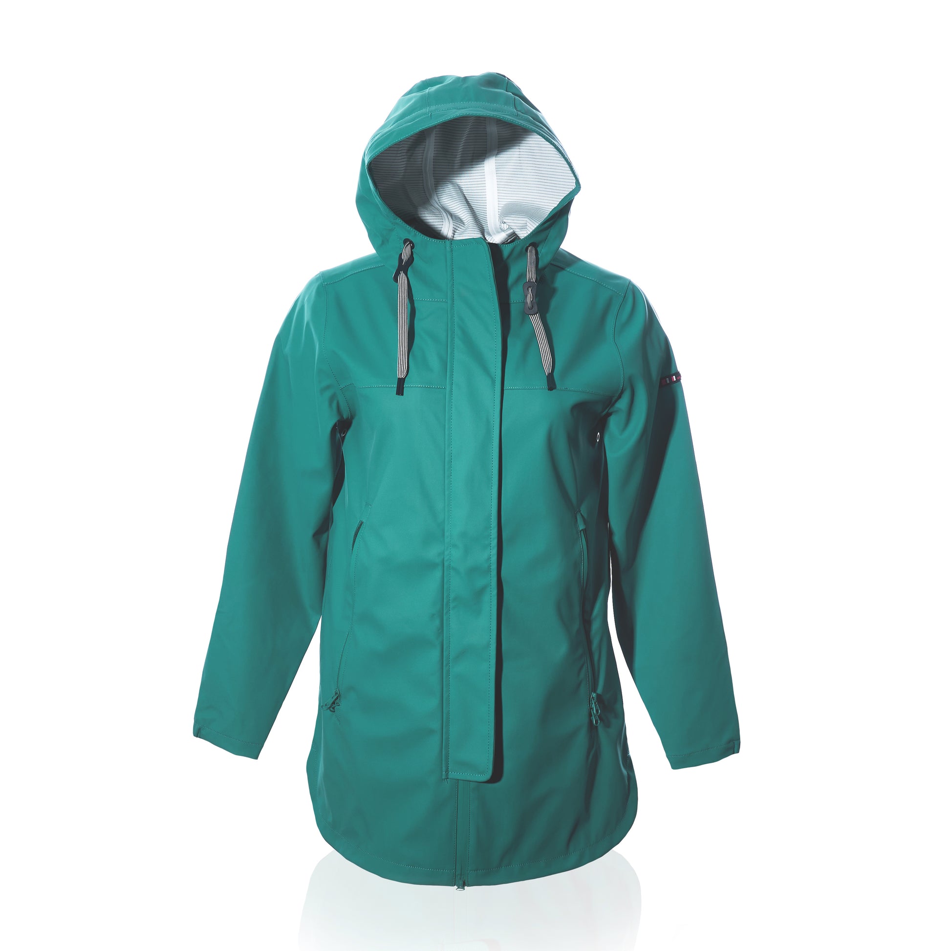 teal raincoat zipped up, shown from the front, with hood up