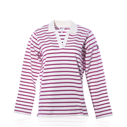 The Batela USA Inc Long Sleeve Polo Shirt - Fuchsia/White features a relaxed fit with horizontal fuchsia and white stripes, a V-neck collar, and plain white cuffs. Displayed on a white background, this women’s polo combines comfort and style for any occasion. by Sea Bags