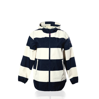 The Harborside Waterproof Raincoat - Stripe Navy  White by Batela USA Inc is showcased on a plain white background, featuring wide horizontal navy blue and white stripes, a hooded design, waterproof shell, front zipper closure, two side pockets, and elastic cuffs.