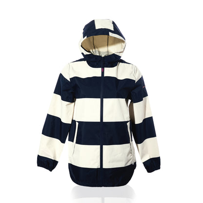 The Batela USA Inc Harborside Waterproof Raincoat - Stripe Navy  White is a women’s hooded jacket featuring a waterproof shell, wide horizontal navy and white stripes, a front zipper, two side pockets, and elastic cuffs, all displayed on a plain white background.
