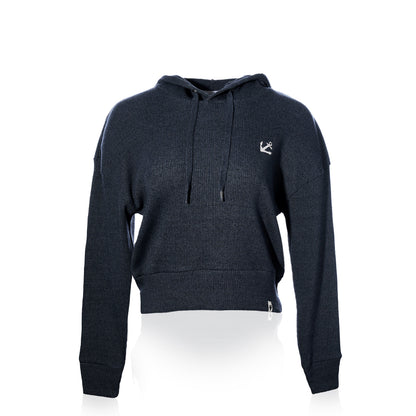The Soft As A Grape Ribbed Hoodie Pullover - Navy Anchor features a dark navy blue knit and long sleeves, with a drawstring hood and a small white anchor logo embroidered on the left chest—perfect for achieving that classic coastal style. by Sea Bags