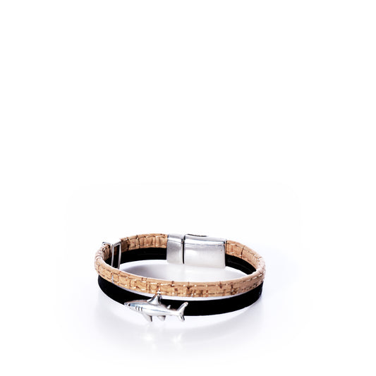 Bracelet with cork and black straps and a silver shark charm