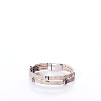 Classic Cork Bracelet - Stripe Bands on White by Elisabetta Studio, featuring a tan double-wrap eco-friendly cork leather band with silver clasp and silver accent rings, handcrafted in Vermont and displayed on a white background. by Sea Bags
