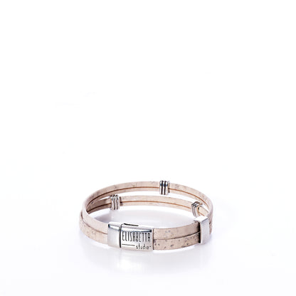 Classic Cork Bracelet - Stripe Bands on White by Elisabetta Studio, featuring double beige cork bands and a silver clasp engraved with the brand name, handcrafted in Vermont and displayed on a white background. by Sea Bags