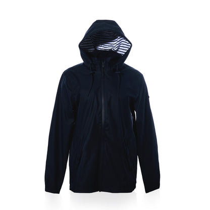 Harborside Waterproof Raincoat Button Pocket - Navy, a unisex hooded raincoat in navy blue with a white and navy striped lining, featuring a front zipper and two side pockets.