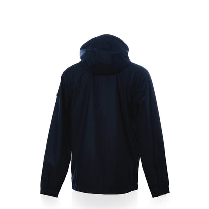 Back view of a navy blue Harborside Waterproof Raincoat Button Pocket unisex hooded raincoat.