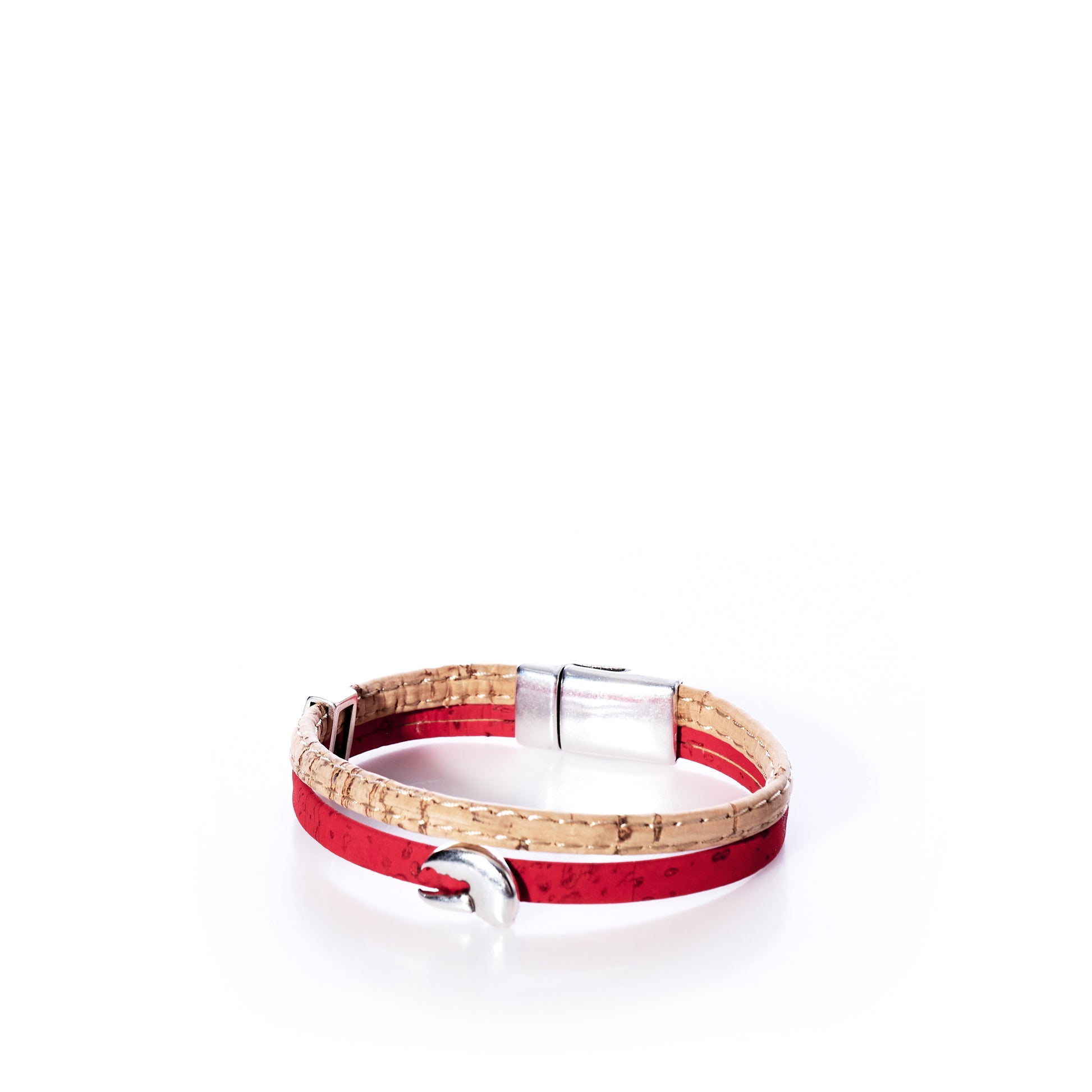 Red cork bracelet featuring a silver lobster claw charm 