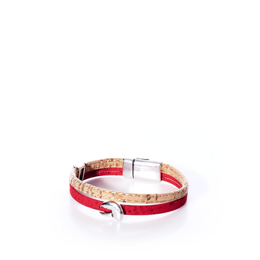 Red cork bracelet featuring a silver lobster claw charm 