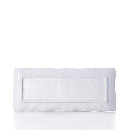 The Nautical Buoys Appetizer Tray by Merritt International Inc dba Merritt Designs is a rectangular white ceramic tray featuring raised edges and a central rectangular border, elegantly displayed on a white surface with a white background—an ideal choice for sophisticated lake house serveware, perfect for presenting appetizers or desserts in style.