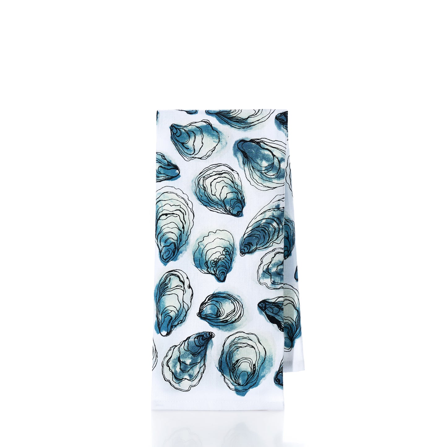 White towel with blue oyster shell pattern on a white background