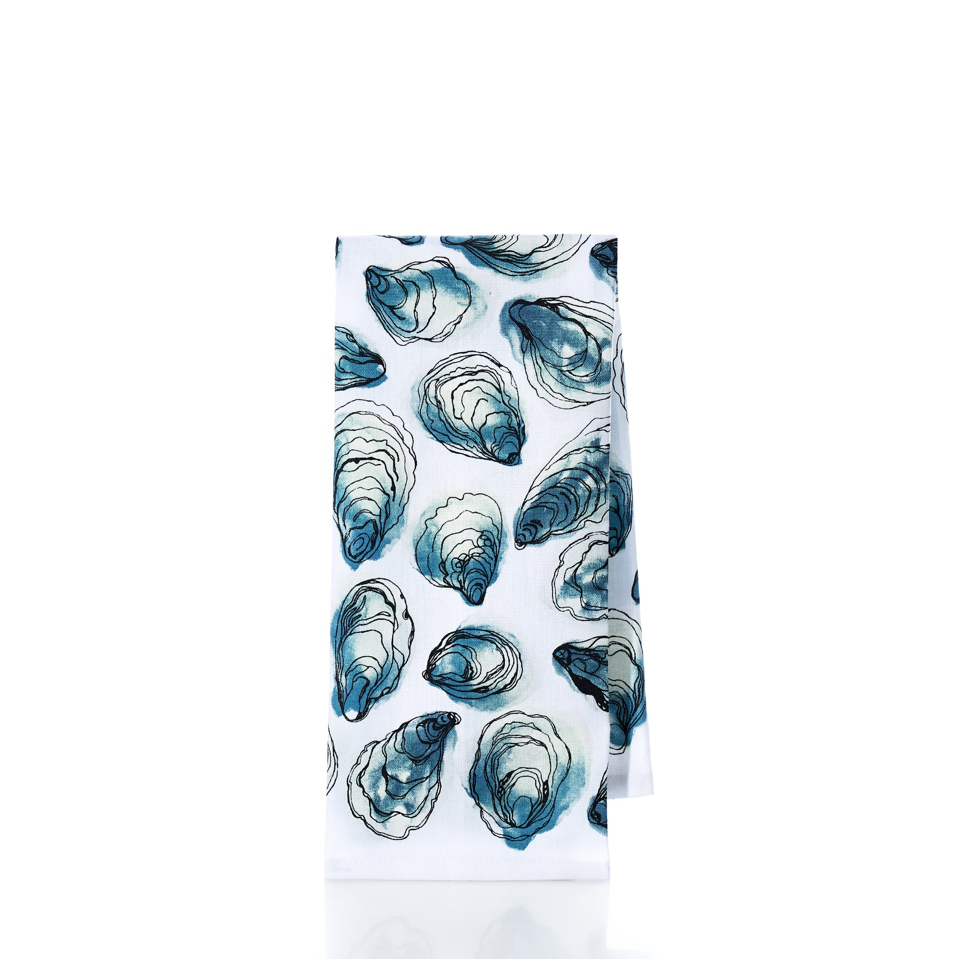 White towel with blue oyster shell pattern on a white background