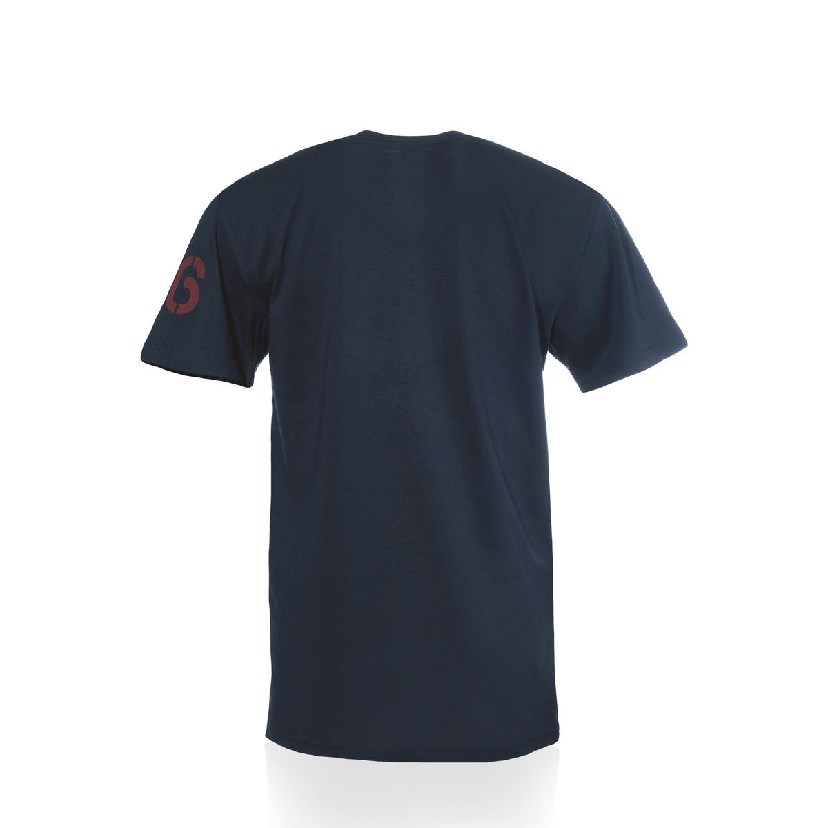 Back view of a navy Sea Bags Sailing Team T-Shirt with short sleeves and a graphic of the number six on the right sleeve.
