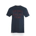 Navy blue short-sleeve Sea Bags Sailing Team T-shirt with “SEA BAGS SAILING TEAM” in dark red across the chest.