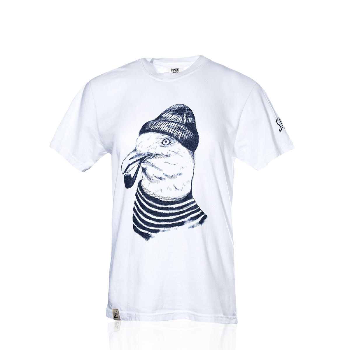 White Salty Wharf Seagull T-Shirt featuring a graphic of a seagull wearing a beanie and a striped shirt.