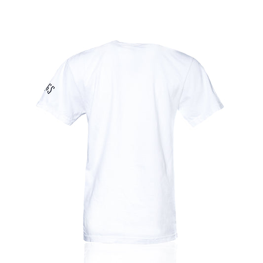 Back view of a white Seagull T-Shirt short-sleeve t-shirt with text printed on the right sleeve.