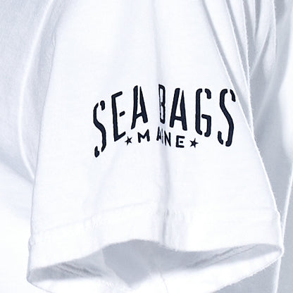 White Seagull T-Shirt sleeve featuring the black-printed text “SEA BAGS MAINE” with two stars.