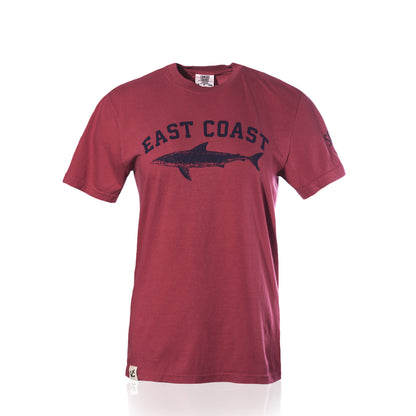 Maroon short-sleeved East Coast Shark T-Shirt featuring a navy blue graphic of a shark across the chest.