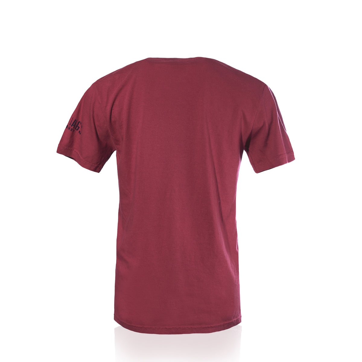 Back view of a maroon East Coast Shark T-Shirt with a shark design on the right sleeve.