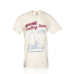 Cream-colored Maine Sailing Team T-Shirt featuring a blue sailboat graphic and red text.
