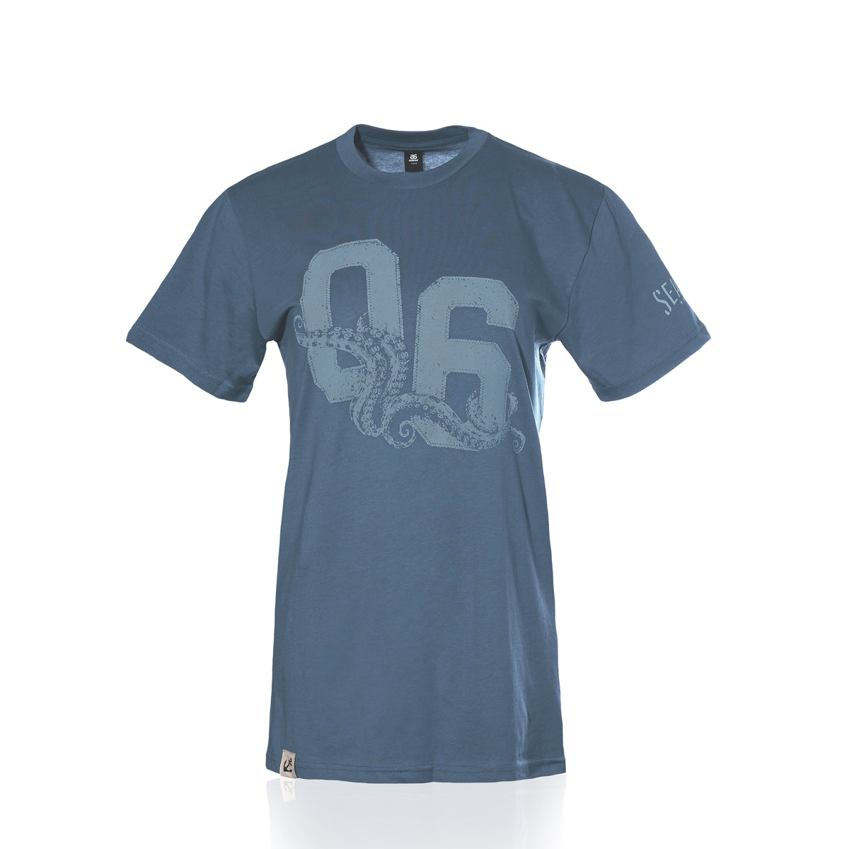 The Sea Bags 06 Octopus T-Shirt by 320Ink d/b/a Riptide Print Company is a blue cotton tee with a bold “96” and octopus graphic on the front, shown on a white background.