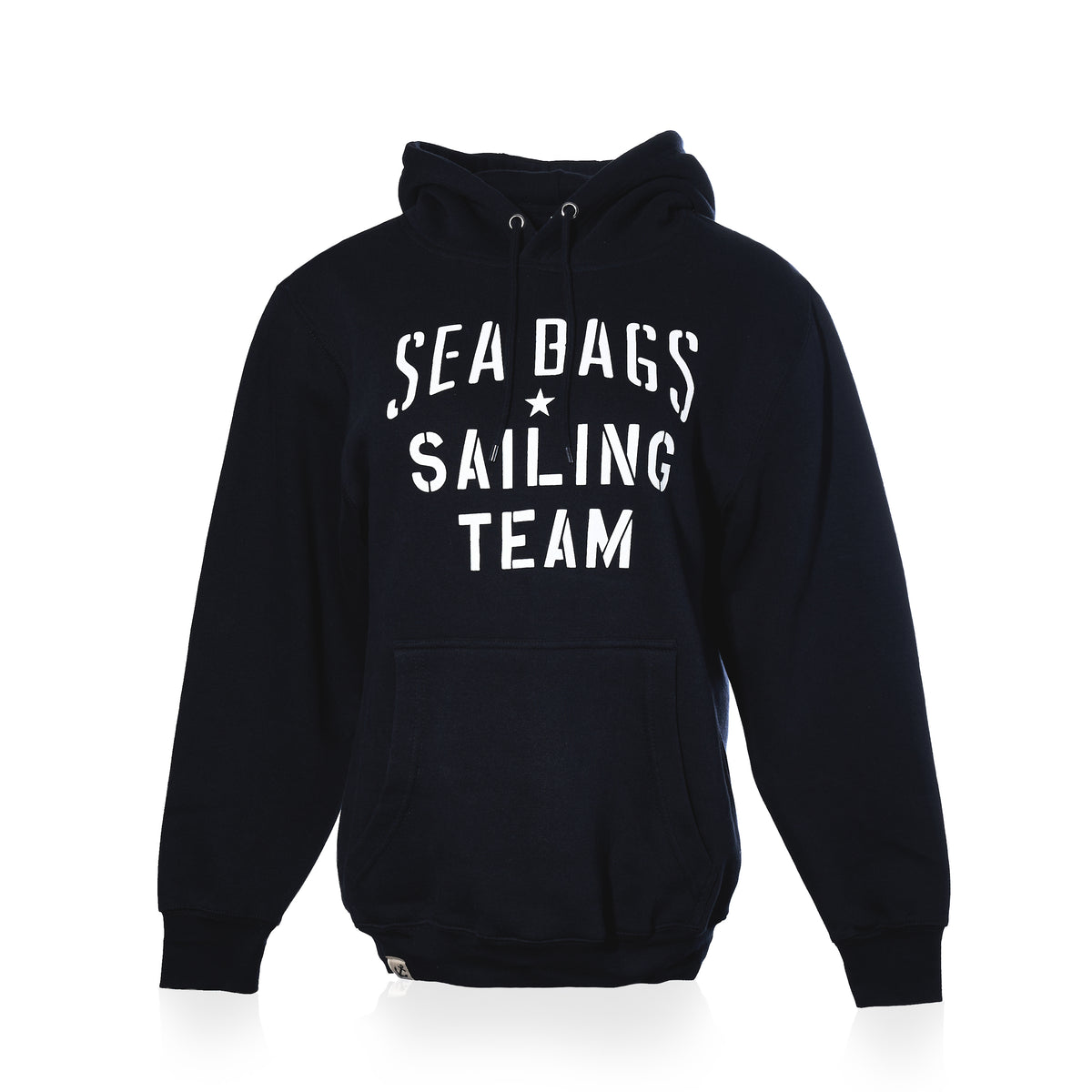 A pullover hoodie with 'SEA BAGS SAILING TEAM' printed in white across the chest, displayed on a clean white background.