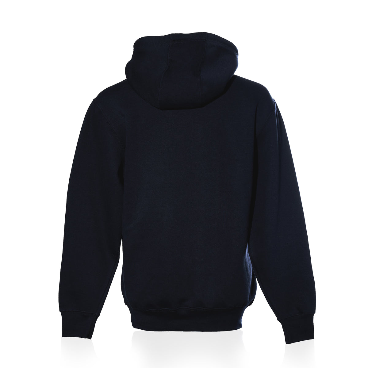 Back view of a plain dark blue Sea Bags Sailing Team Hoodie with the hood up.