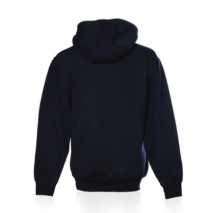 Back view of a plain dark blue Sea Bags Sailing Team Hoodie with the hood up.