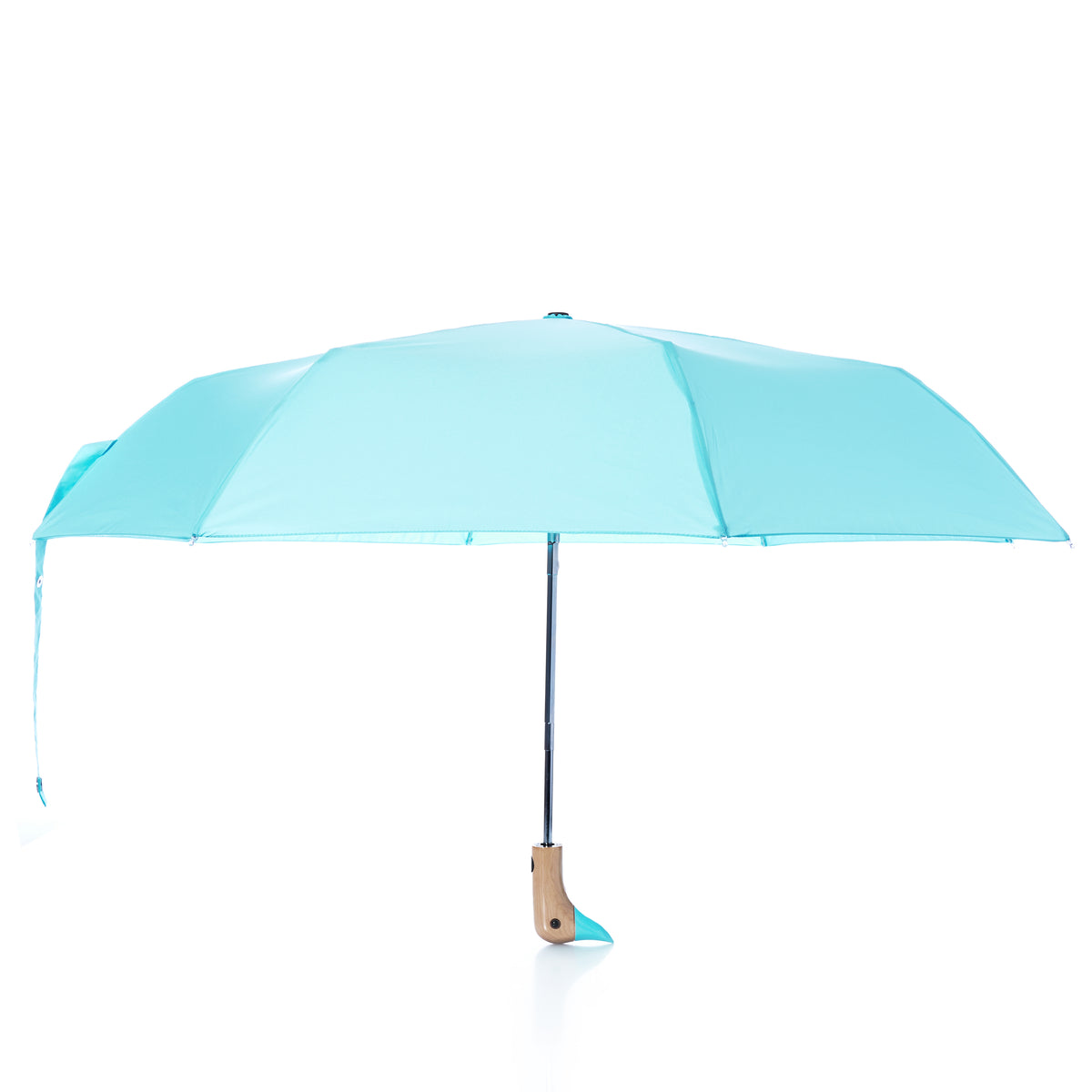 The Popsicle Blue Original Duck Head Umbrella by ODH Limited t/a Original Duckhead, featuring a light blue canopy made from recycled plastic and a signature wooden handle, is shown fully opened against a white background.
