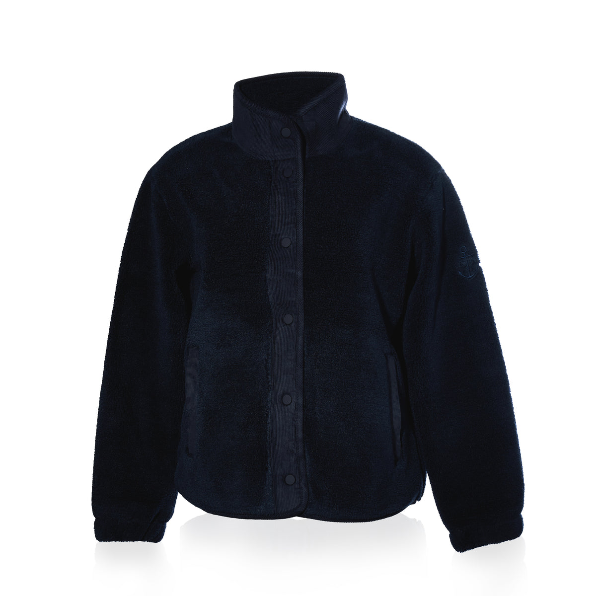 The Fleece Button-Front Coat - Navy by Batela USA Inc features a high collar and side pockets, ideal for coastal adventures, shown on a white background.