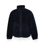 The Fleece Button-Front Coat - Navy by Batela USA Inc features a high collar and side pockets, ideal for coastal adventures, shown on a white background.