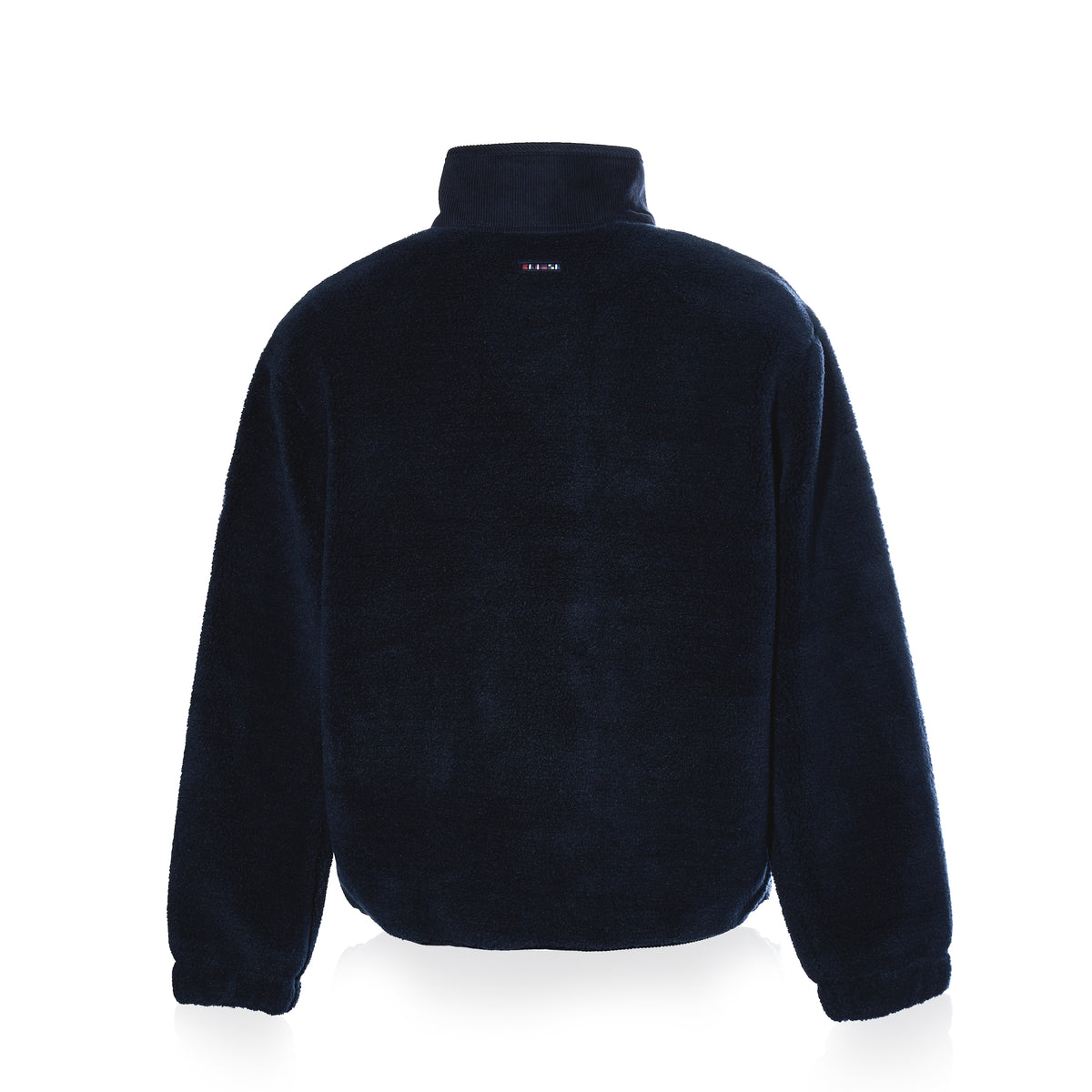 Fleece Button-Front Coat - Navy by Batela USA Inc shown from the back, featuring long sleeves, a stand-up collar, and a small upper-back logo.