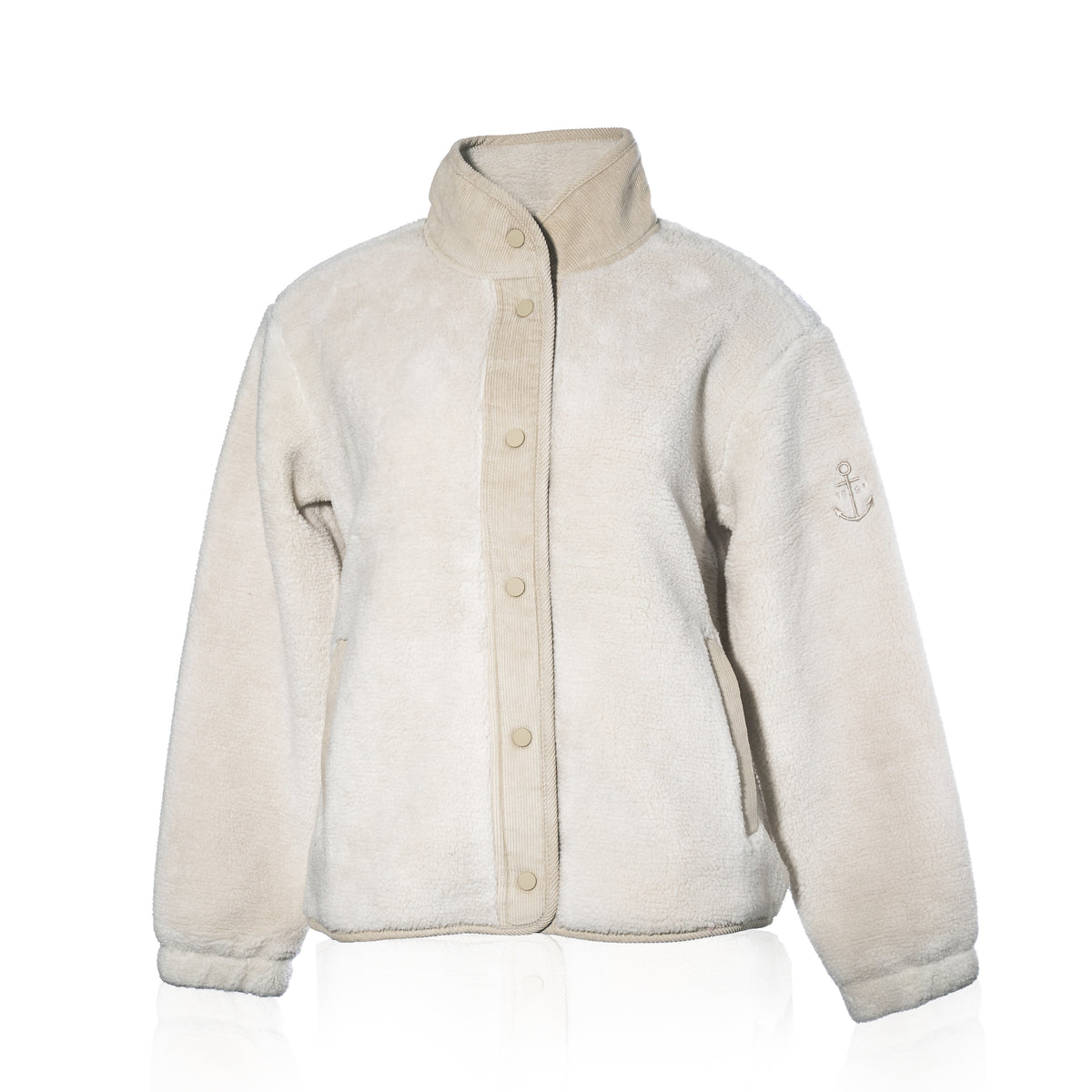 Fleece Button-Front Coat - Moonstruck by Batela USA Inc features snap buttons, high collar, elastic cuffs, and anchor logo—ideal for coastal adventures. Shown on a white background.