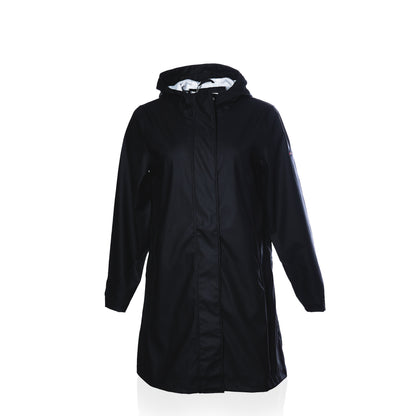 Black Harborside Waterproof Raincoat with a hooded design and white interior lining.