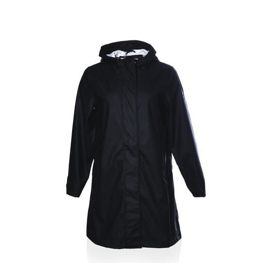 Black Harborside Waterproof Raincoat with a hooded design and white interior lining.