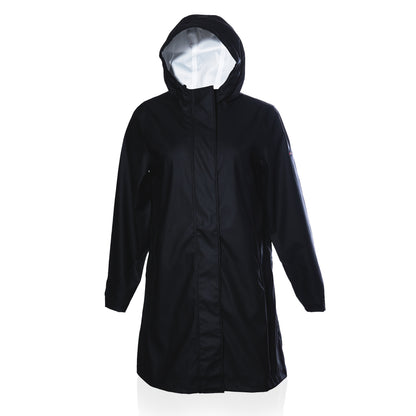 Black Harborside Waterproof Raincoat - Black with a hood and white lining.