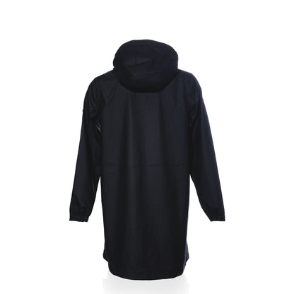 Back view of a black Harborside Waterproof Raincoat with long sleeves and elastic cuffs.