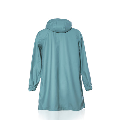 The Harborside Waterproof Raincoat - Tourmaline by Batela USA Inc is shown from the back in light blue, with long sleeves and elastic cuffs, set against a white background.