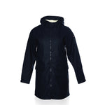 Harborside Waterproof Fleece-Lined Raincoat - Navy by Batela USA Inc features a front zipper, long sleeves, fleece lining, and two flap pockets, shown on a plain white background.