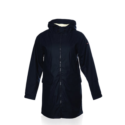 Harborside Waterproof Fleece-Lined Raincoat - Navy by Batela USA Inc: unisex raincoat with front zipper, flap pockets, waterproof shell, shown on plain white background.