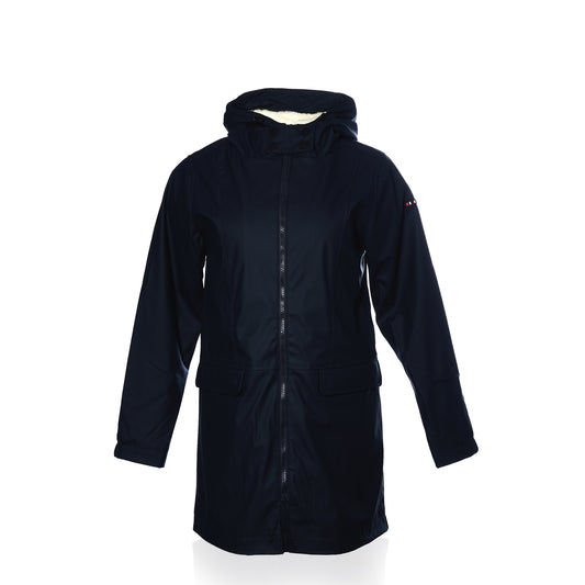 Harborside Waterproof Fleece-Lined Raincoat - Navy by Batela USA Inc: unisex raincoat with front zipper, flap pockets, waterproof shell, shown on plain white background.