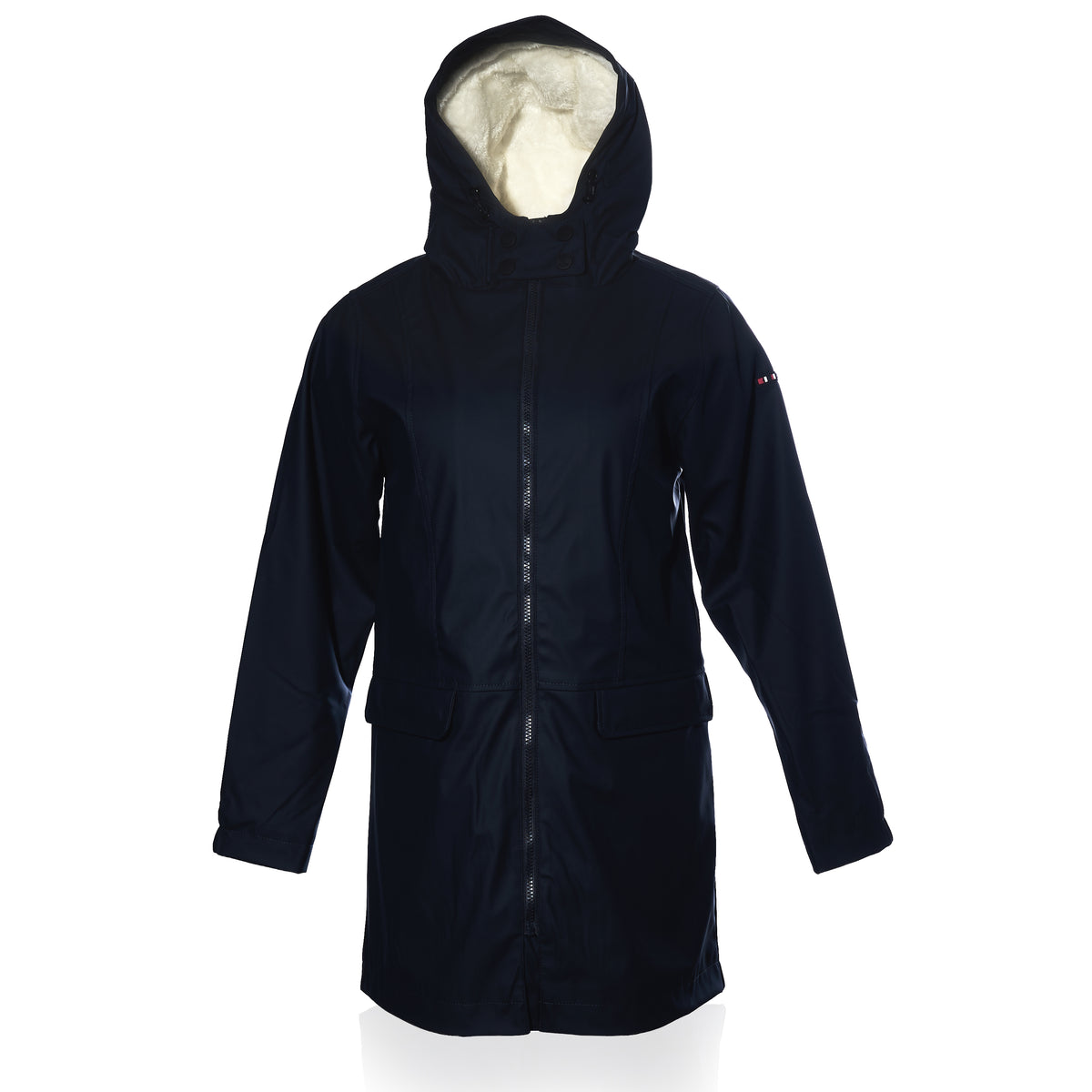 Harborside Waterproof Fleece-Lined Raincoat - Navy by Batela USA Inc: unisex hooded raincoat with front zipper, two flap pockets, white fleece lining; stylish and fully waterproof.