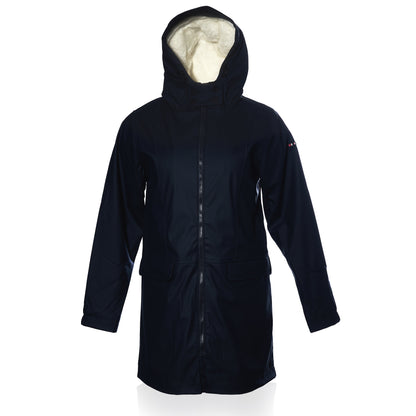 Harborside Waterproof Fleece-Lined Raincoat - Navy by Batela USA Inc, with front zipper and two flap pockets, shown on a plain white background.