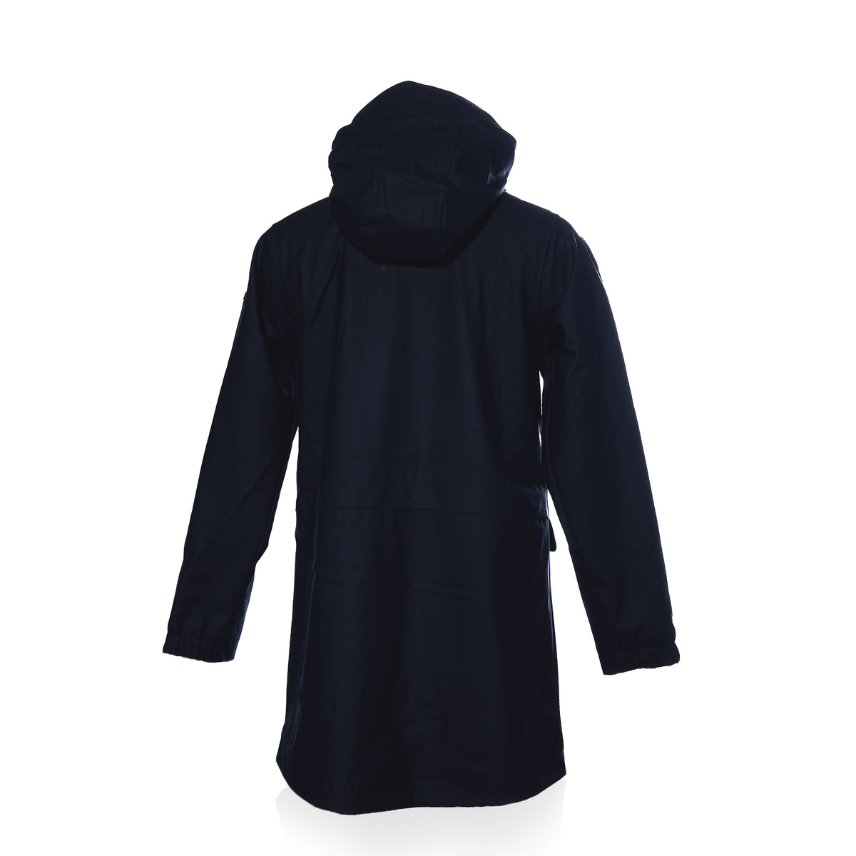 The Harborside Waterproof Fleece-Lined Raincoat - Navy by Batela USA Inc is shown from the back on a white background.