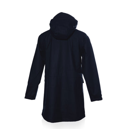 The Harborside Waterproof Fleece-Lined Raincoat - Navy by Batela USA Inc is shown from the back, displaying its long sleeves and waterproof shell against a white background.