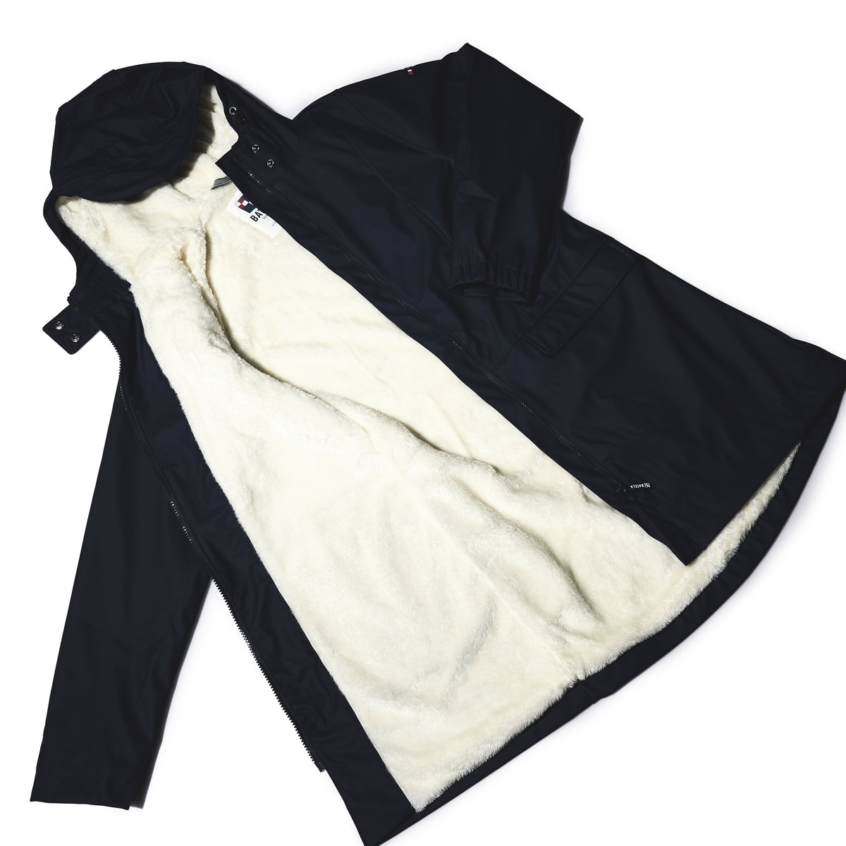 The Harborside Waterproof Fleece-Lined Raincoat - Navy by Batela USA Inc features a cozy white fleece interior, shown open against a white background.